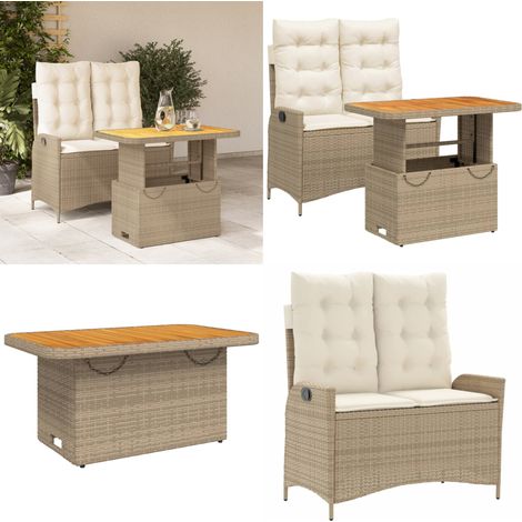 Set comedor de jardín 2 pzas con cojines ratán sintético beige - Banco de jardín - Mesa de jardín