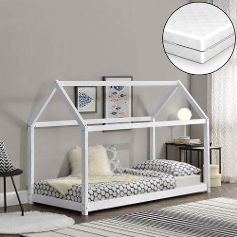 Letto per Bambino a Forma di Casetta con Materasso Ipoallergenico a Schiuma Fredda 80x160 cm Struttura in Legno in Stile Montessori - Bianco (1/5)