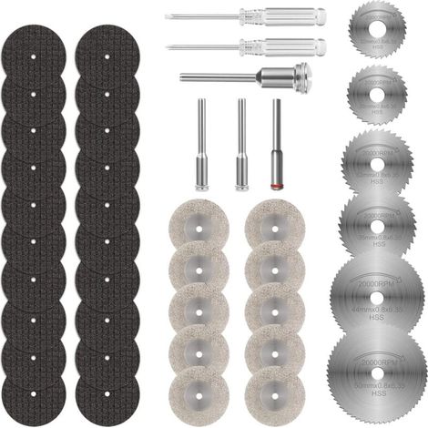 42-teilige Mini-Diamant-Trennscheibe, Trennscheiben für Dremel, HSS-Harz-Kreissägeblatt mit 5 SC-Dornen und 2 Schraubendrehern zum Schneiden von Holz, Metall, Kunststoff, Stein (1/4)
