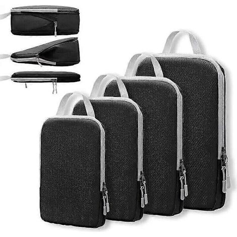 Ensemble de 4 organisateurs de bagages à compression noirs pour ranger vêtements, chaussures et accessoires en voyage.-AquaForge (1/5)