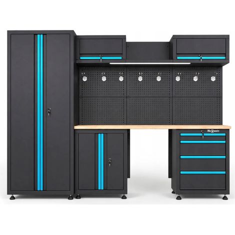 Werkstatteinrichtung HW-MW-159 mit 260 cm Breite, Holzarbeitsplatte, LED-Beleuchtung und Lochwand. (1/5)