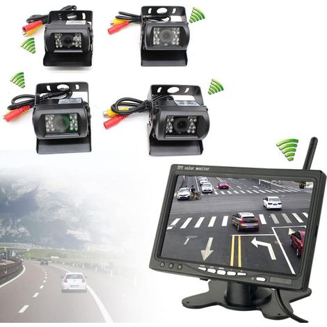 4 cámaras de marcha atrás inalámbricas con visión nocturna de 120°, sistema de ayuda al aparcamiento con pantalla LCD inalámbrica de 7 pulgadas y 18 LED infrarrojos, apto para remolques, autobuses y c