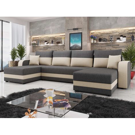 Bestmobilier – Canapé panoramique convertible 7 places avec coffre – Tissu bicolore gris/beige – Dimensions 313x127 cm – Usage occasionnel (1/5)