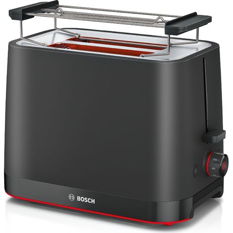 Bosch TAT3M123 MyMoment Tostapane Compatto, 2 Scomparti, per Riscaldare e Scongelare, con Griglia Scaldapane, Sistema di Sollevamento High Lift, Vassoio Raccoglibriciole e Spegnimento Automatico, Nero (1/5)