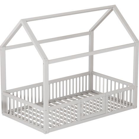 Cama cabaña infantil 90 x 200 cm en pino y MDF, blanca, con barreras de seguridad (1/5)