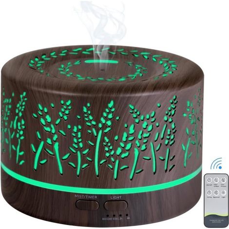 Ecleanfy - Diffuseur d'huiles essentielles 500 ml, humidificateur, arrêt automatique, plusieurs lumières, texture bois foncé, motif végétal