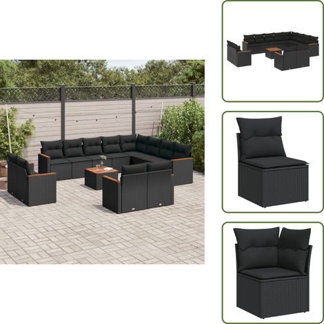 The Living Store Salon de jardin avec coussins 13 pcs noir résine tressée - Ensemble Salon De Jardin - Mobilier Extérieur - Jardin Design - Chaise Lounge - Table Basse (1/5)