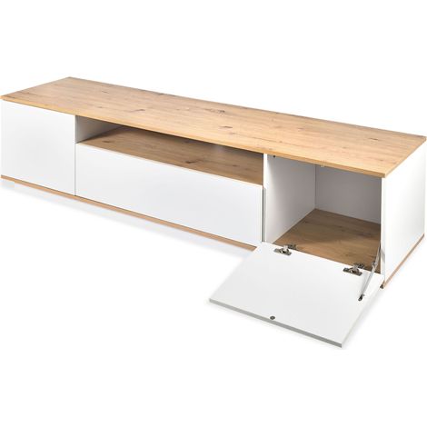 Meuble TV au design linéaire Iliade L180cm Bois clair et Blanc (1/5)
