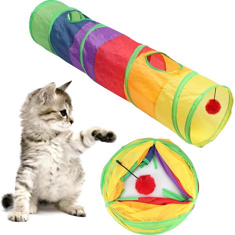 Túnel plegable de poliéster para gatos con abertura de ventilación y pelota de peluche multicolor. (1/5)