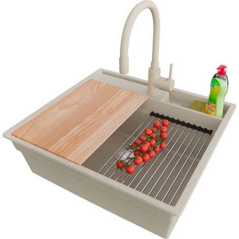 PRIMAGRAN Evier Cuisine en Granit 58x53cm,Lavabo 1 bac + Robinet 38x14cm + Kit de Vidage + Accessoires, Évier à Encastrer au meuble 60cm - Oslo Pocket, Beige (1/5)