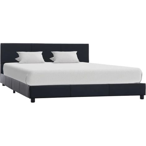 Lit adulte simili cuir noir et pieds bois massif noir Nyam 140x200 cm (1/5)