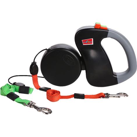 Laisse de chien double, laisse escamotable pour deux chiens, laisse à deux attaches, promenade simultanée de 2 chiens, robuste et réglable. (1/5)