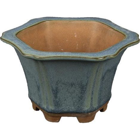 Vaso per bonsai esagonale in gres smaltato verde-blu 9,5x9,5x7 cm - A17