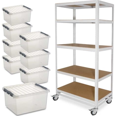 BRB Etagenwagen/Fahrregal mit 5 Böden BxTxH 900x500x1905 mm, lichtgrau, Tragkraft 200 kg + 8 Clipboxen mit Deckel, transparent, 36 Liter