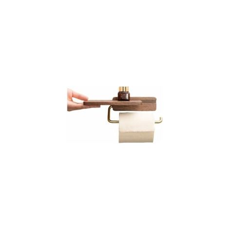 Porte-rouleau de papier toilette en bois avec étagère - Fixation murale - Perçage ou collage - Accessoires de salle de bain et de cuisine - Couleur bois - Crezuo