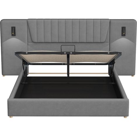 Cama tapizada gris 180 x 200 cm con cabecero alto, lámparas USB y arcón (1/5)