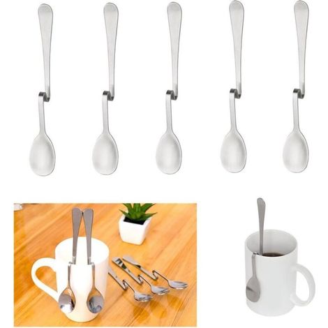 Lot de 5 cuillères à café en acier inoxydable Plier häng Extrémités Tasse Miel Cuillère courbes Suspension Cuillère à confiture (1/4)