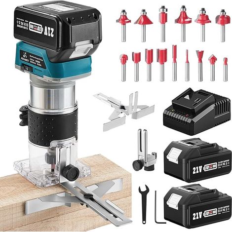 Akku Kompaktfräse, Akku Holzfräswerkzeug mit 2 Stück 4,0Ah Batterien, 21V bürstenloser tragbarer Handfräser für die Holzbearbeitung, Holzkantenschneider mit 15-teiligem 1/4"-Fräsersatz (1/5)