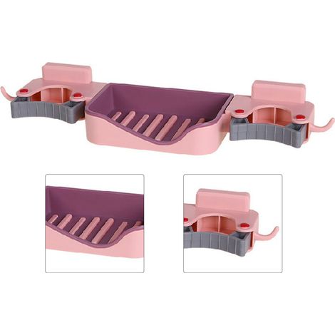 Porte-savon 3 en 1 pour balai et serpillière, fixation murale, crochet, égouttoir, porte-savon, porte-balai et porte-cartes pour cuisine et toilettes, rose, taille unique (1/5)