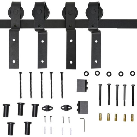 Sistema corredero para puerta de madera, riel 200 cm, acero negro, 9 accesorios, para 2 hojas (1/5)