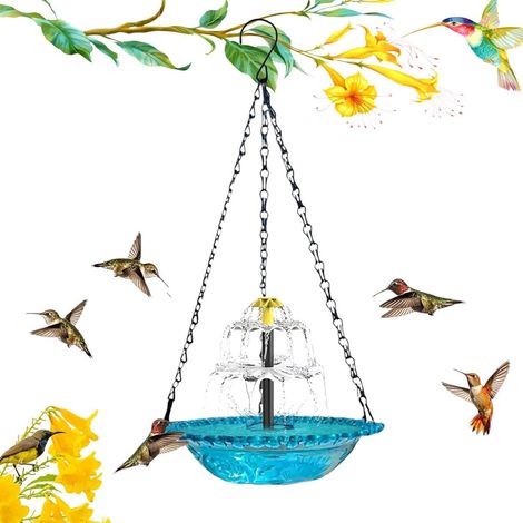 Baño para pájaros con energía solar, fuente flotante, baño colgante para pájaros, azul, - Decoración de jardín para pájaros, incluye cadena para colgar, azul (1/5)