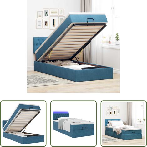 vidaXL Rangement sous le lit - Cadre de lit ottoman avec matelas bleu foncé 100x200 cm velours (1/5)