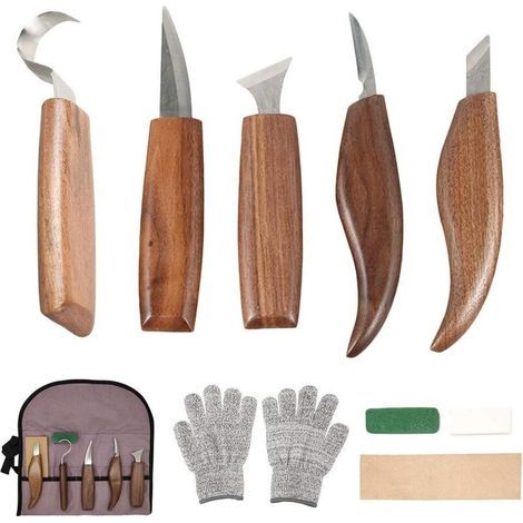 10Pcs Outils Sculpture sur Bois en Acier Carbone Ensemble d'outils de Sculpture sur Bois avec Couteau à Crochet Couteau à Découper Professionnels Outils de Gravure en Bois pour Travail du Bois (1/5)
