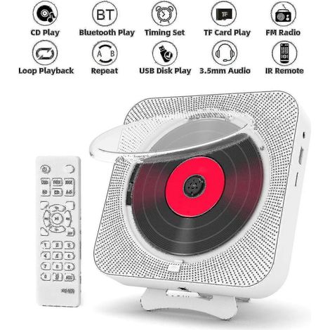 Lecteur CD portable avec haut-parleur Bluetooth, lecteur CD stéréo, écran LED, fixation murale, télécommande infrarouge et radio FM haute qualité. (1/5)