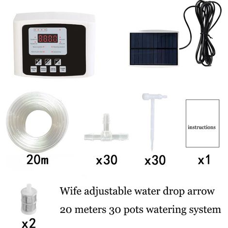 (Tuyau d'eau de 20 mètres, 30 régulateurs) Système d'irrigation goutte à goutte à double pompe pour jardin, système de minuterie, énergie solaire. (1/5)