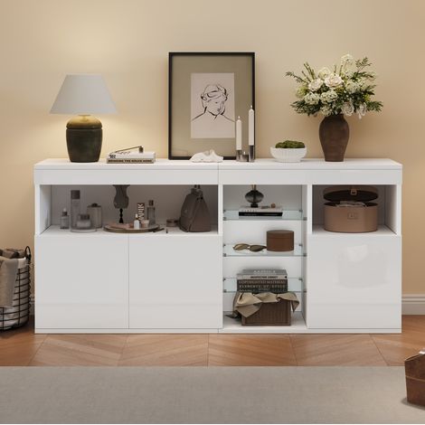 Meuble TV 155,5x35x72 cm en panneaux de bois et verre blanc, avec rangement pour salon FloraGrace (1/5)