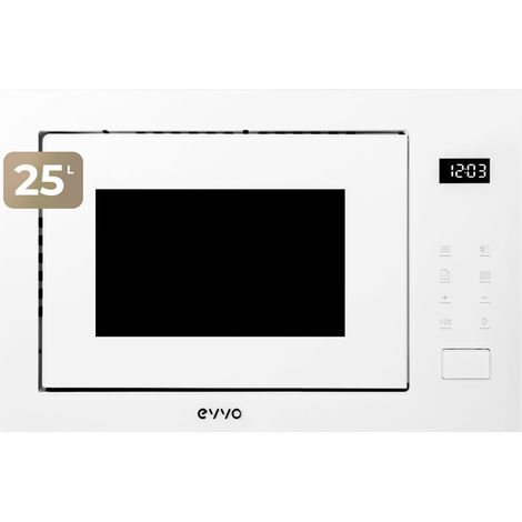 EVVO Microondas integrable Mi45 Glass Bl, 25L de Capacidad, Grill 1200W, Puerta y Marcos Efecto Brillante, Multifunción, 8 Funciones, Temporizador 60 Minutos, Display Digital, color blanco