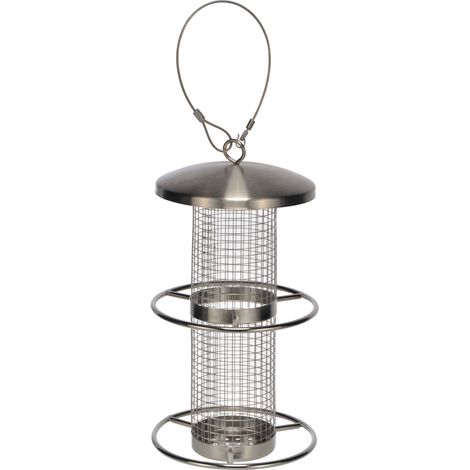 Edelstahl Vogel Futterstation mit 2 Sitzringen - 27,5 x 14 cm - Vogel Futterhaus Futterstelle Futtersilo