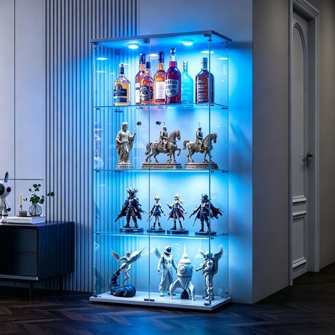 JOOKGBD - Vetrina in Vetro 164x80.5x36.5 cm con LED, Vetrina da Collezione, Armadio Vetrina per Collezione con 2 Ante e 4 Ripiani Trasparenti, Effetto Specchio, Mobile in Vetro, Bianco