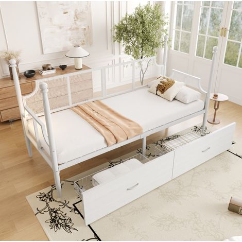 Lit banquette métal blanc 90x200 cm avec 2 tiroirs de rangement et sommier à lattes métalliques (1/5)