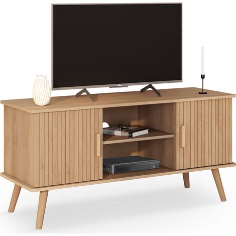 Idmarket – Meuble TV 110 cm – 2 portes lattes en bois – Coloris chêne – Design moderne avec rangements – Trou passe-câbles intégré