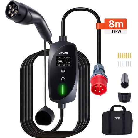 VEVOR Cargador para Vehículo Electrico Tipo 2 Trifásico 11 kW 16 A, Cargador de Pared EV con Cable de 8 m, Punto de Carga con Enchufe CEE16, Pantalla LCD, Estación de Carga y Caja de Control IP66 (1/5)