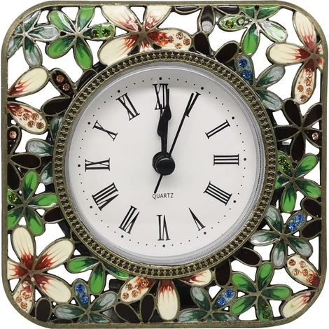 Dekorative Miniatur-Tischuhr, Vintage-Metalluhr, geräuschlos, analog, Quarz, batteriebetrieben, ideal zur Dekoration eines Wohnzimmers oder Regals.