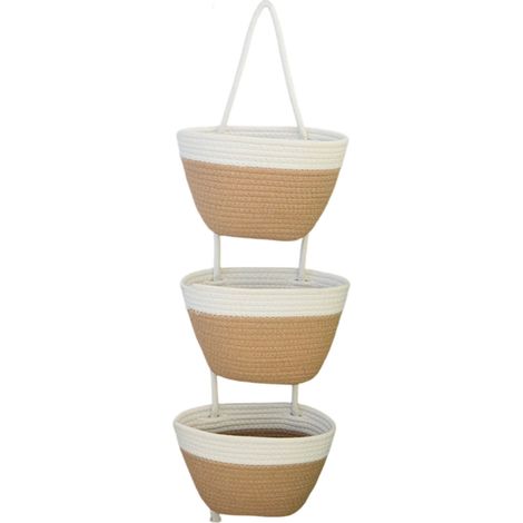 Panier Suspendu 3 Niveaux Détachable Corde Coton Doux – Organisateur Mural Salon Chambre Cuisine, Blanc Kaki (1/5)