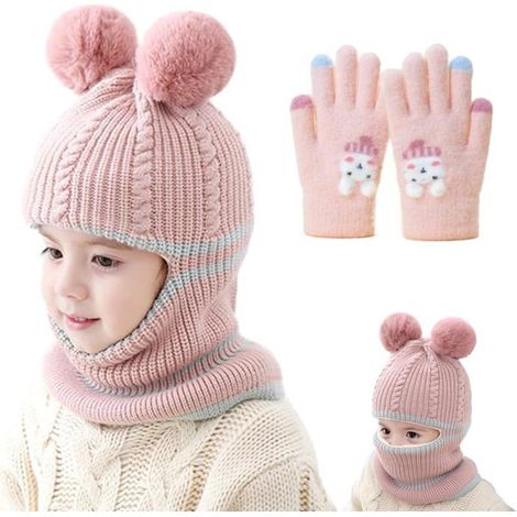 Mädchen-Balaclava, 3-in-1 Bommelmütze, Gestrickte Bommelmütze, Warme Winterkapuze