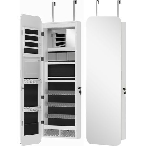 Specchiera Portagioie da Parete 37x10x120 cm Porta con Specchio Interno Illuminato e Serratura Bianco (1/5)