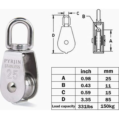Seilrolle, Heberolle, 2 Stück M25 Einzelrolle aus Edelstahl 304, (1/4)