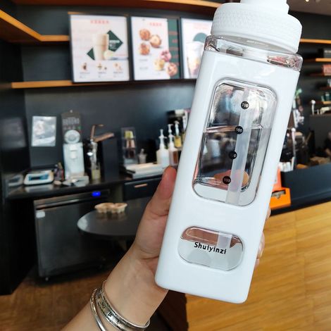Moderner doppelwandiger Outdoor-Sportbecher, 700 ml großes Fassungsvermögen, quadratische Kunststoff-Wasserflasche, mit Griff für Heißgetränke, weißes Geschenk. (1/5)