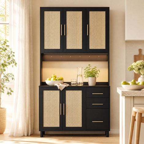 Aparador de cocina 100 x 40 x 183 cm con LED, 2 enchufes, 2 USB, 3 cajones, negro HAVRYA (1/5)