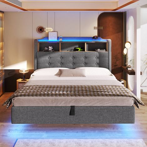 Lit mezzanine 90x200cm - avec éclairage LED - avec armoire + bureau - avec 3 tiroirs - avec compartiments de rangement - blanc (matelas non inclus) (1/5)