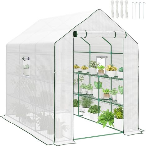 Outsunny Walk-in Greenhouse with 3 Tier 12 Shelves, Small Greenhouse with Reinforced PE Cover, Garden Plant Growhouse with Roll-up Door and Three Mesh Windows, 140 x 213 x 190 cm, White