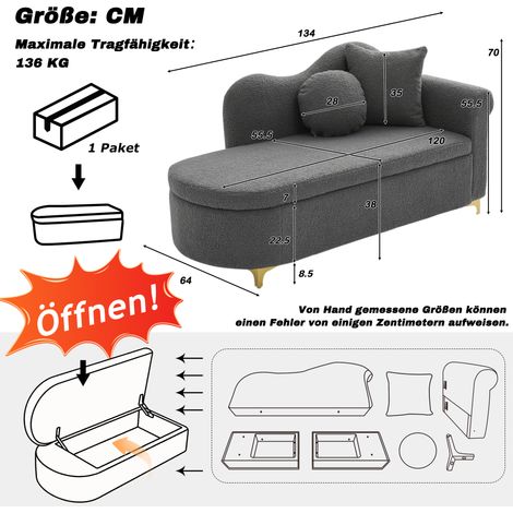 Chaiselongue design moderne 134 cm, avec rangement intégré, dossier ondulé, revêtement en peluche Teddy, assise en mousse haute densité, livrée avec coussin lombaire et cervical.