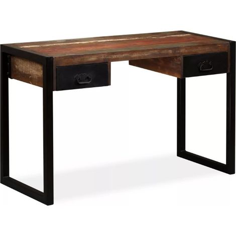 Bureau 2 tiroirs bois massif recyclé et métal noir Boust (1/5)