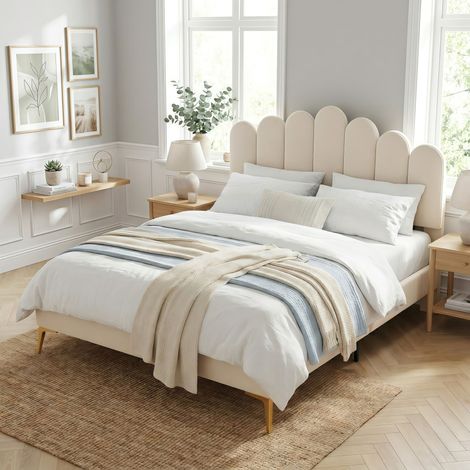Cama dobel 140x190 cm con cabecero y somier de láminas, en terciopelo beige suave al tacto, para adelltos, adoloscentes e invitados - Beige (1/5)