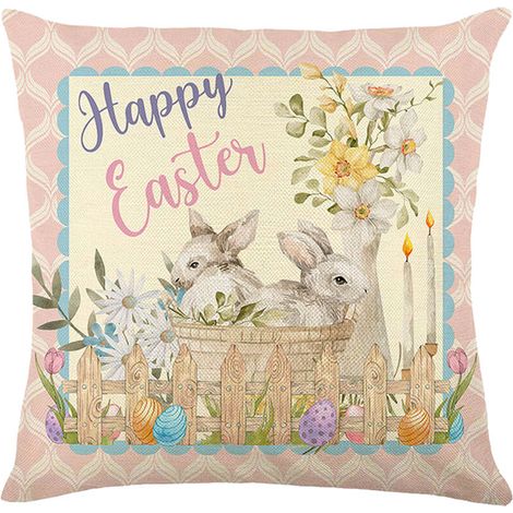Housse de coussin imprimée Pâques, housse de coussin en lin pour canapé, motif œuf de lapin, impression recto (1/5)