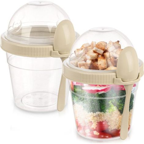 Récipient À Yaourt - 400 ml - Avec Couvercle Et Cuillère - 11,5 x 10,5 x 13,5 cm - Transparent/Béige - Lot De 2 (1/5)